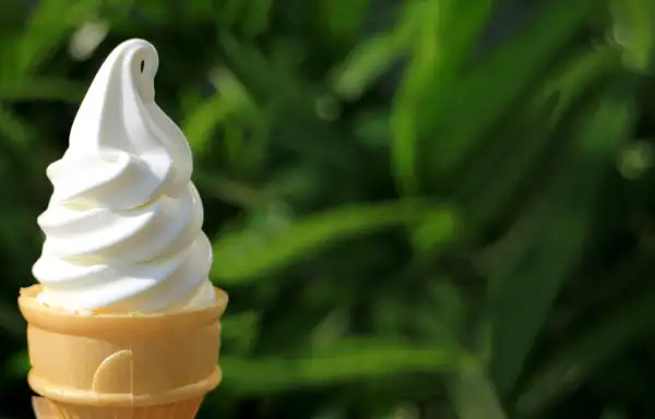 Pure White Vanilla Soft Serve Ice Cream Cone in Sunlight with Blurred Green Foliage in Background
