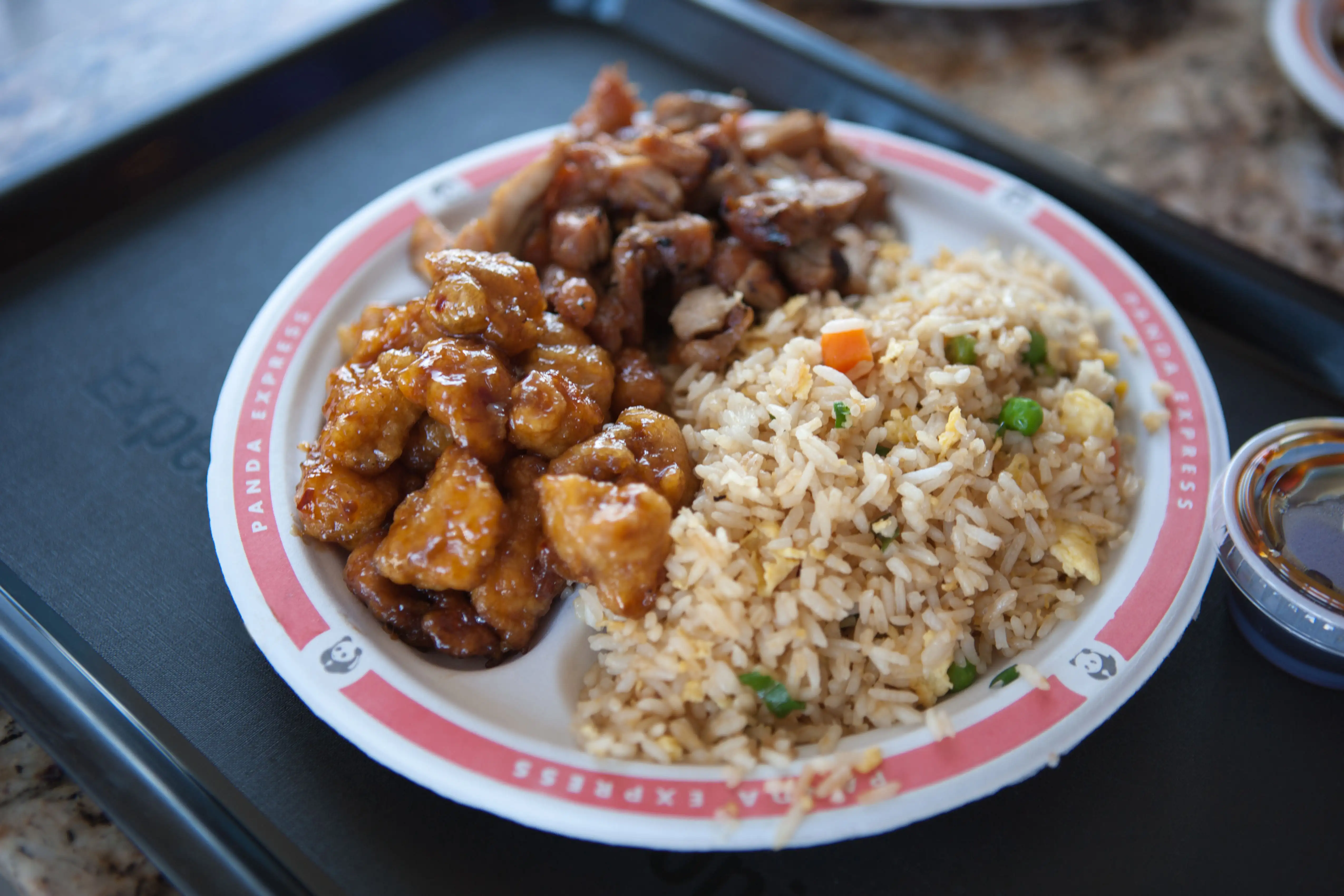 A plate of Chinese food served at the American fast food chain, Panda Express.