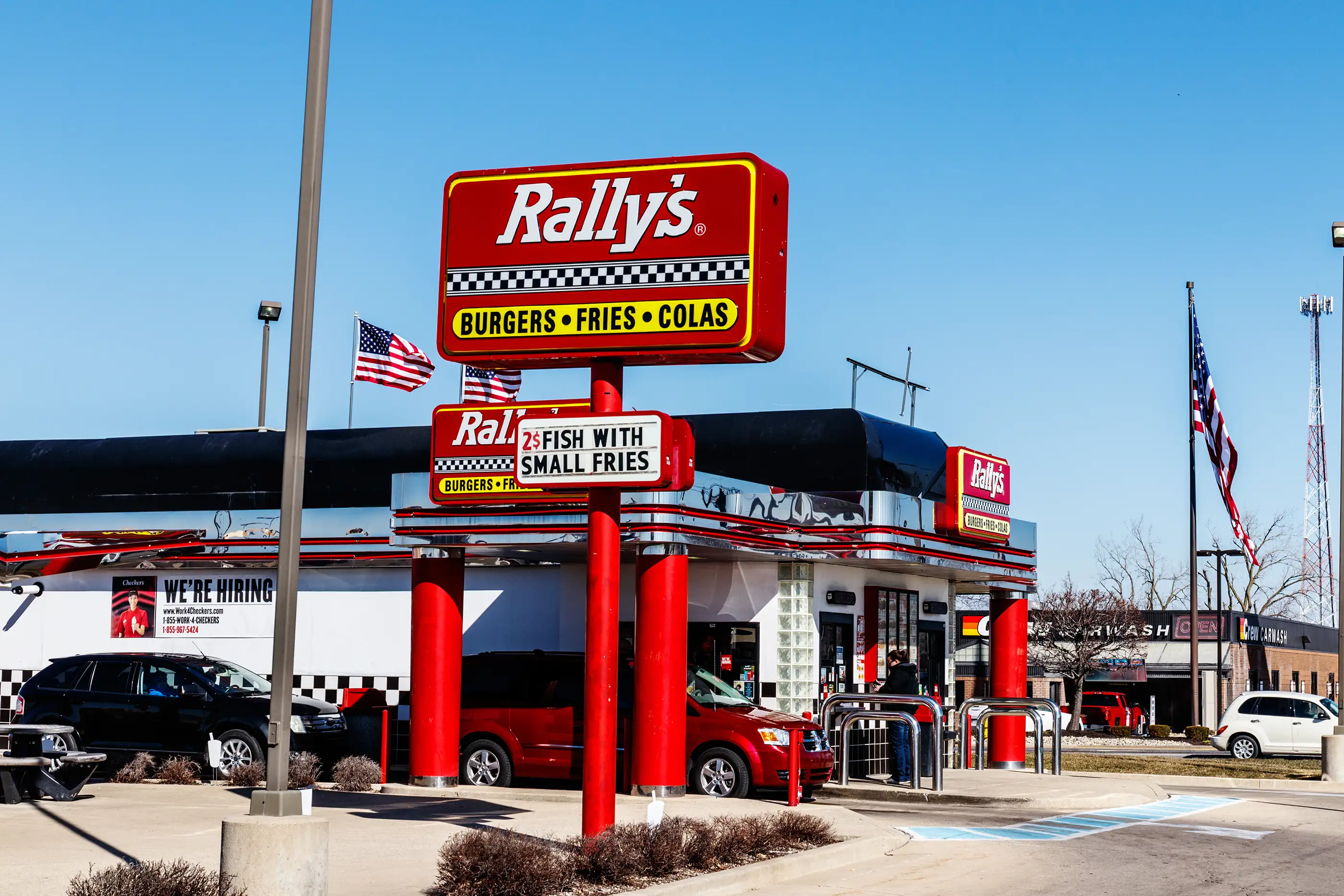 Local Rally's Drive Thru fast food restaurant, Kokomo, March 2018.