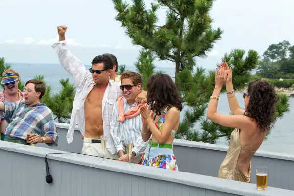 THE WOLF OF WALL STREET, men, from left: Henry Zebrowski, P.J. Byrne, Leonardo DiCaprio, Jonah Hill,