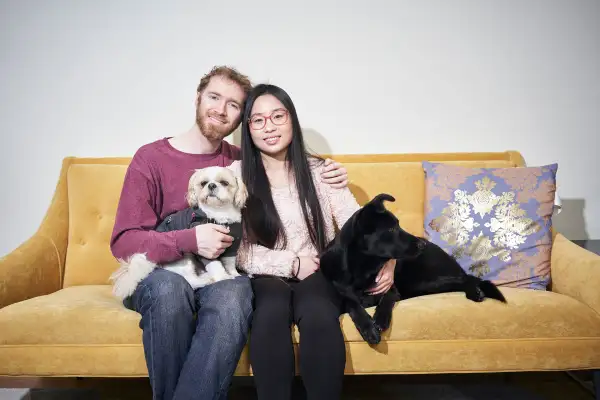 Lily He with her husband, Jared, in their home in Seattle.