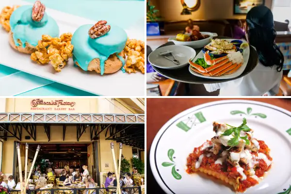 (clockwise from top left) Cream Puffs and Cracker Jacks at Alamo Drafthouse  Breakfast at Tiffany's  Mother's Day Brunch; Red Lobster; Lasagna Primavera at Olive Garden; Cheesecake Factory