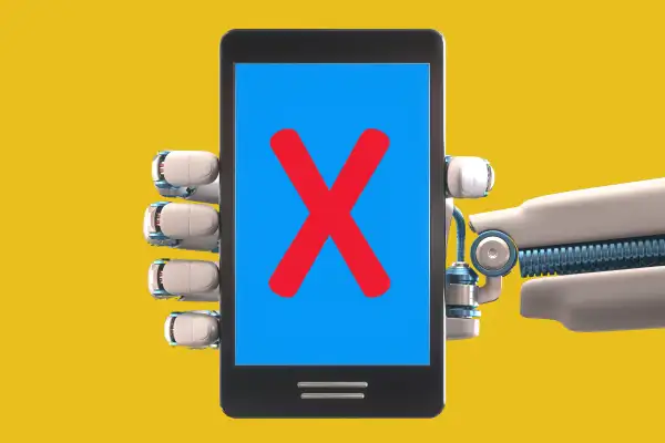 Robotic hand holding phone, illustration