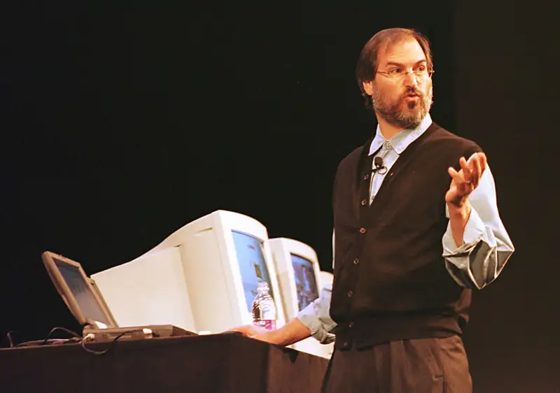 180528-apple-stock-key-moments-steve-jobs Apple Computer Interim CEO and co-founder Steve Jobs speaks at a press conference November 10 in Cupertino, California. Jobs announced plans to shake the company out of the financial doldrums.