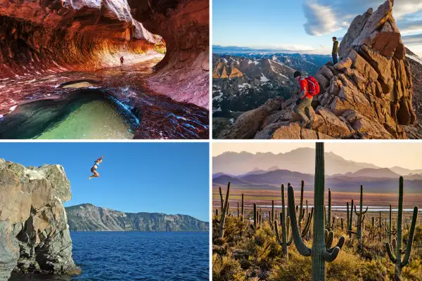 (clockwise from top left) Zion National Park, Rocky Mountain National Park, Saguaro National Park, Crater Lake National Park