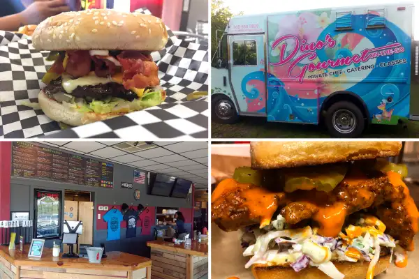 (clockwise from top left) Lucky's Burgers & Shakes; Dino's Gourmet On-The-Go; PDX Sliders; Bros. Sandwich Shack