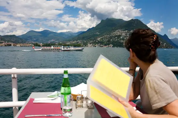 A restaurant overlooking a lake, Lugano, Ticino, Switzerland