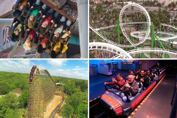 (clockwise from top left) Dollywood Mystery Mine, Castles N' Coasters Desert Storm, Disneyland Hyperspace Mountain, Silver Dollar City Outlaw Run