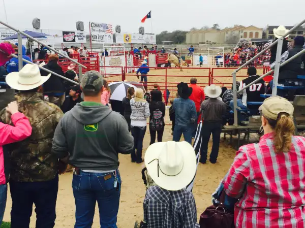 Crowd watching a cowboy ride a bull, Granbury, Texas.