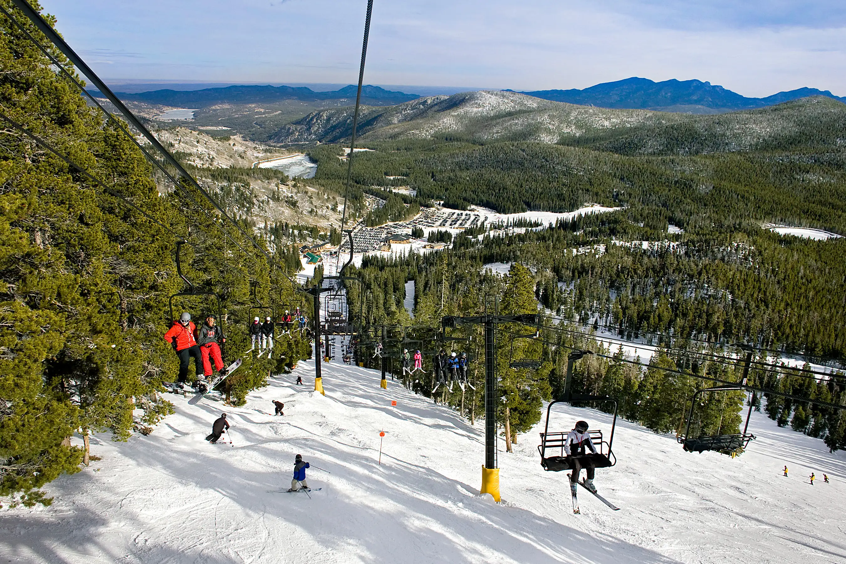 Skiers ride the lift at Eldora Mountain Resort near Colorado Springs.