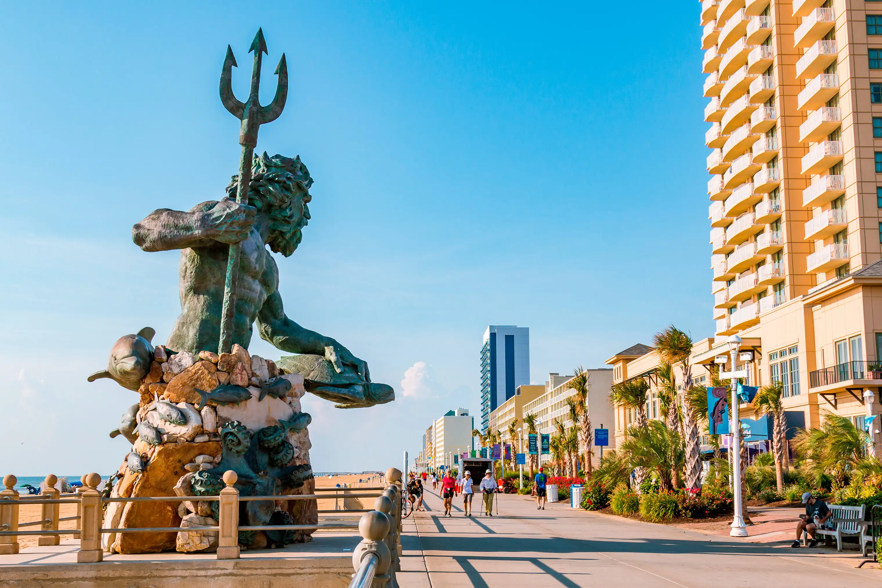 The iconic King Neptune greets visitors on a boardwalk three miles long.
