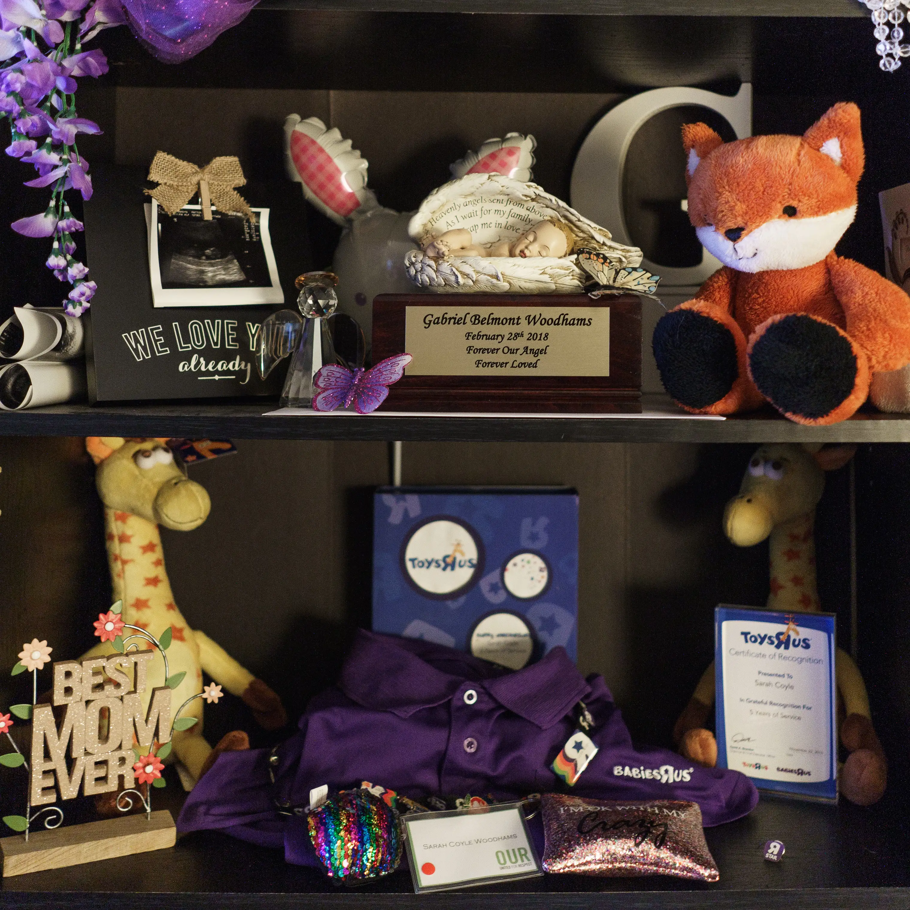 A memorial to Sarah Woodhams' son, Gabriel, who was stillborn, sits on the shelf at her home in Harleysville, Pa.