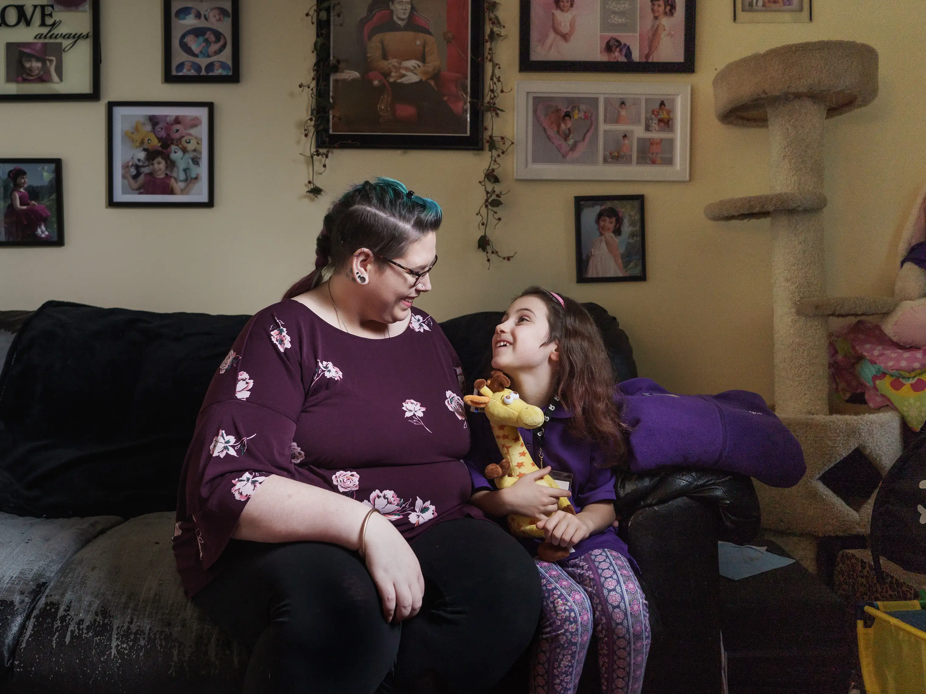 Sarah Woodhams with her 7-year-old daughter, Tabitha Coyle, at their home in Harleysville, Pa.