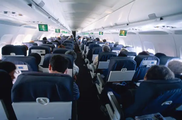 Passengers sitting in commercial airliner, rear view