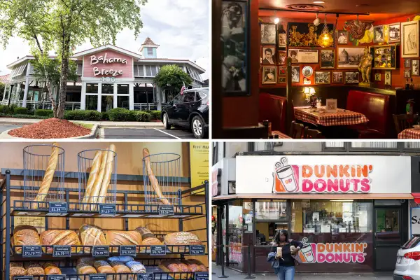 (clockwise from top left) Bahama Breeze; Buca di Beppo; Dunkin' Donuts; Panera Bread