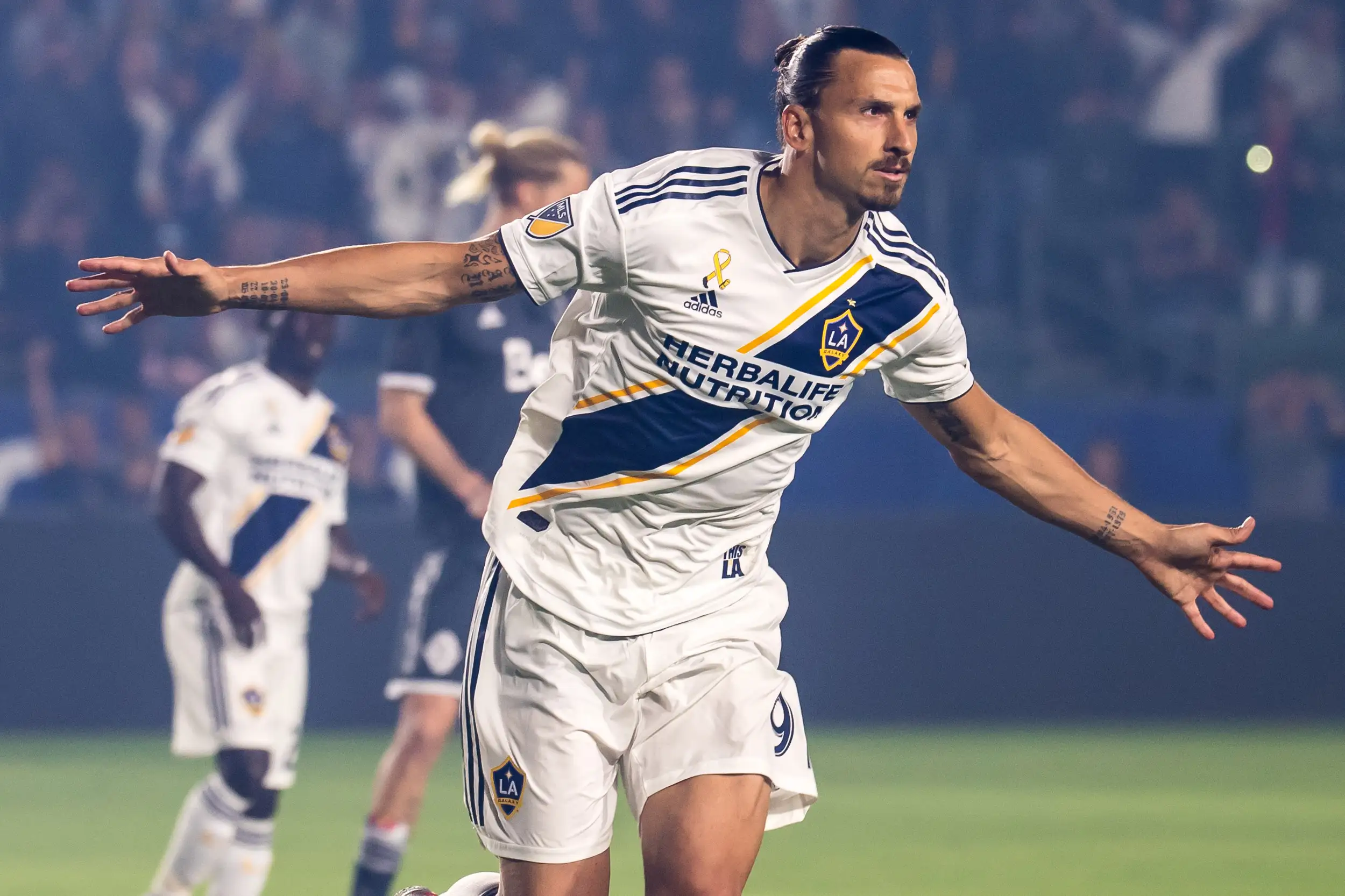 Zlatan Ibrahimovic #9 of Los Angeles Galaxy celebrates his penalty kick goal during the Los Angeles Galaxy's MLS match against Vancouver Whitecaps at the StubHub Center on September 29, 2018 in Carson, California. The Los Angeles Galaxy won the match 3-0.