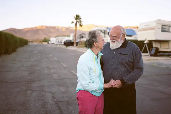 Roam sweet roam: Al and Greta Boldt at the Sparkling Waters Mobile Home Estates & RV Park in Desert Hot Springs, Calif.