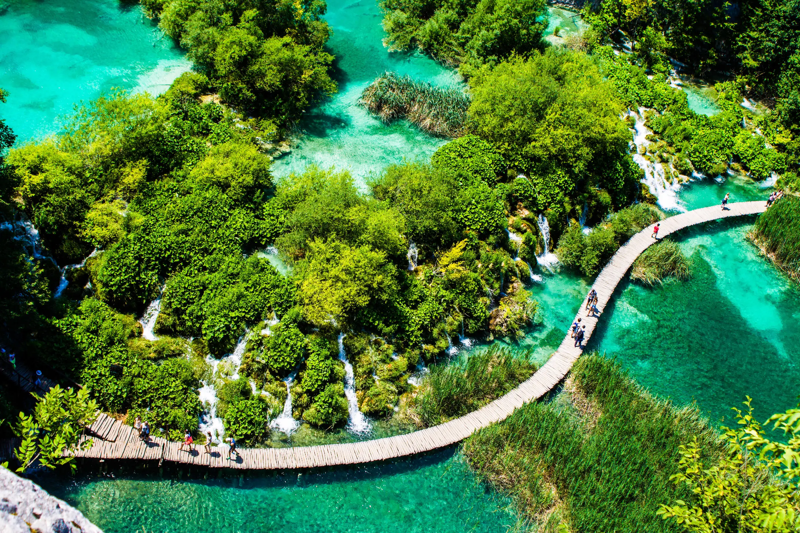 View of boardwalk over lake at Plitvice Lakes National Park