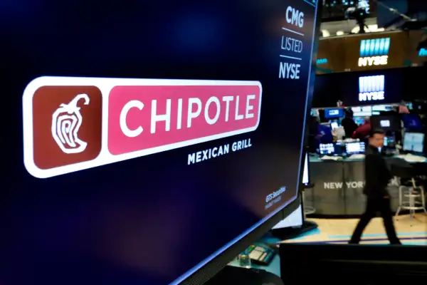 The logo for Chipotle appears above a trading post on the floor of the New York Stock Exchange, April 23, 2018.