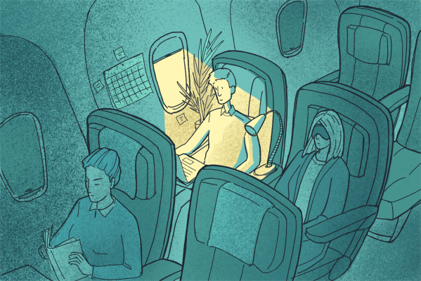drawing-of-people-on-airplane-with-man-looking-out-sunlit-window
