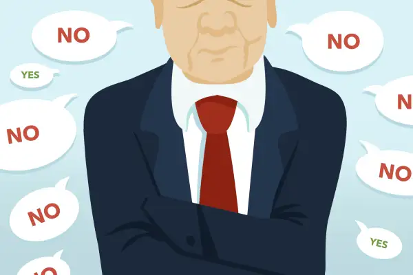 cartoon of warren buffett-type figure saying no repeatedly