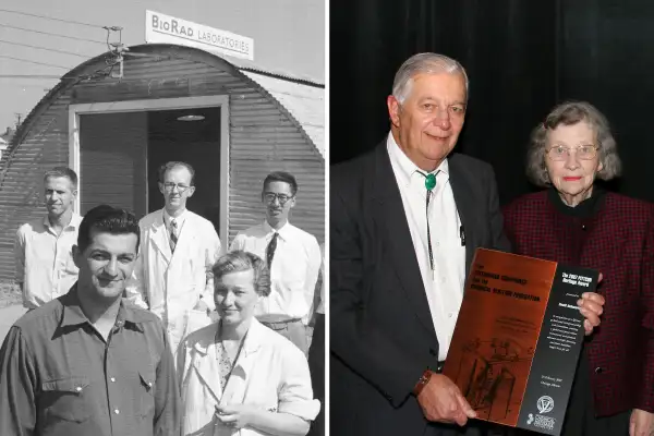 (left) American researchers David and Alice Schwartz (fore) pose with their staff outside the quonset hut that houses their company, Bio-Rad Laboratories, Berkeley, California, July 1, 1955.; (right) Chemists David Schwartz and Alice Schwartz and Norman Schwartz at the Pittsburgh Conference on Analytical Chemistry and Applied Spectroscopy (Pittcon) and the Chemical Heritage Foundation, February 25, 2007.