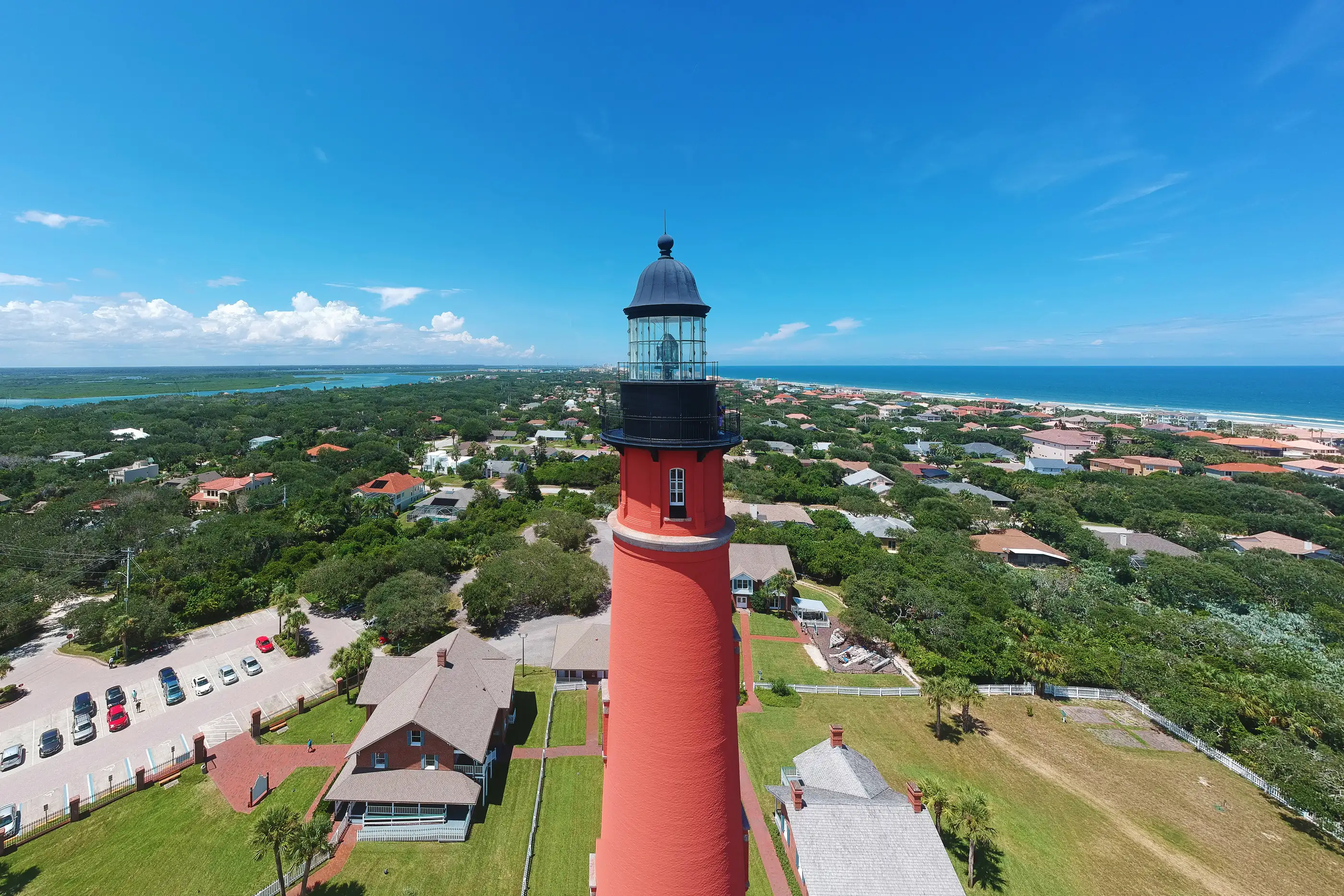 Panoramic aerial view of the historic Ponce de Leon Inlet Light lighthouse, in Ponce Inlet, Florida,