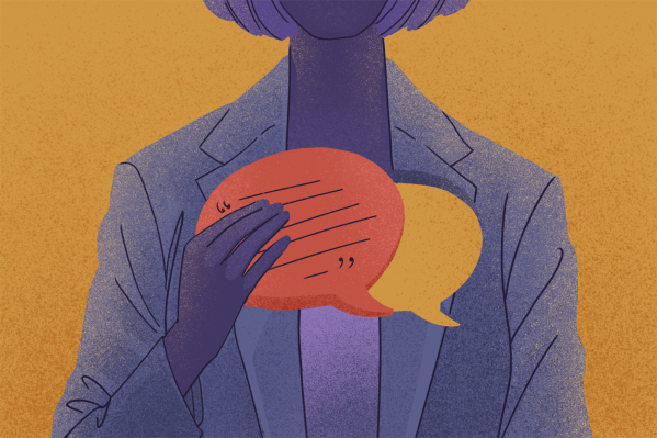 illustration of a woman holding quotation bubbles