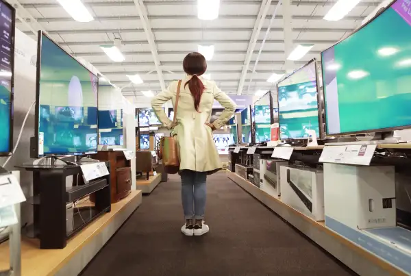 Young woman in shop looking at televisions