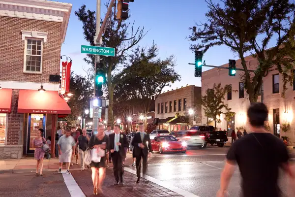 crosswalk in downtown Naperville, Illinois during the evening