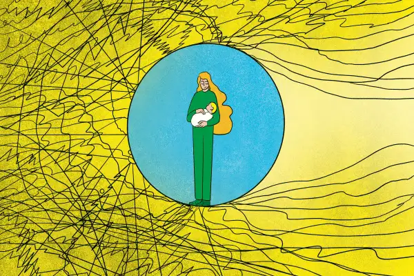 blue circle with mother carrying a child, over yellow background covered in squiggles