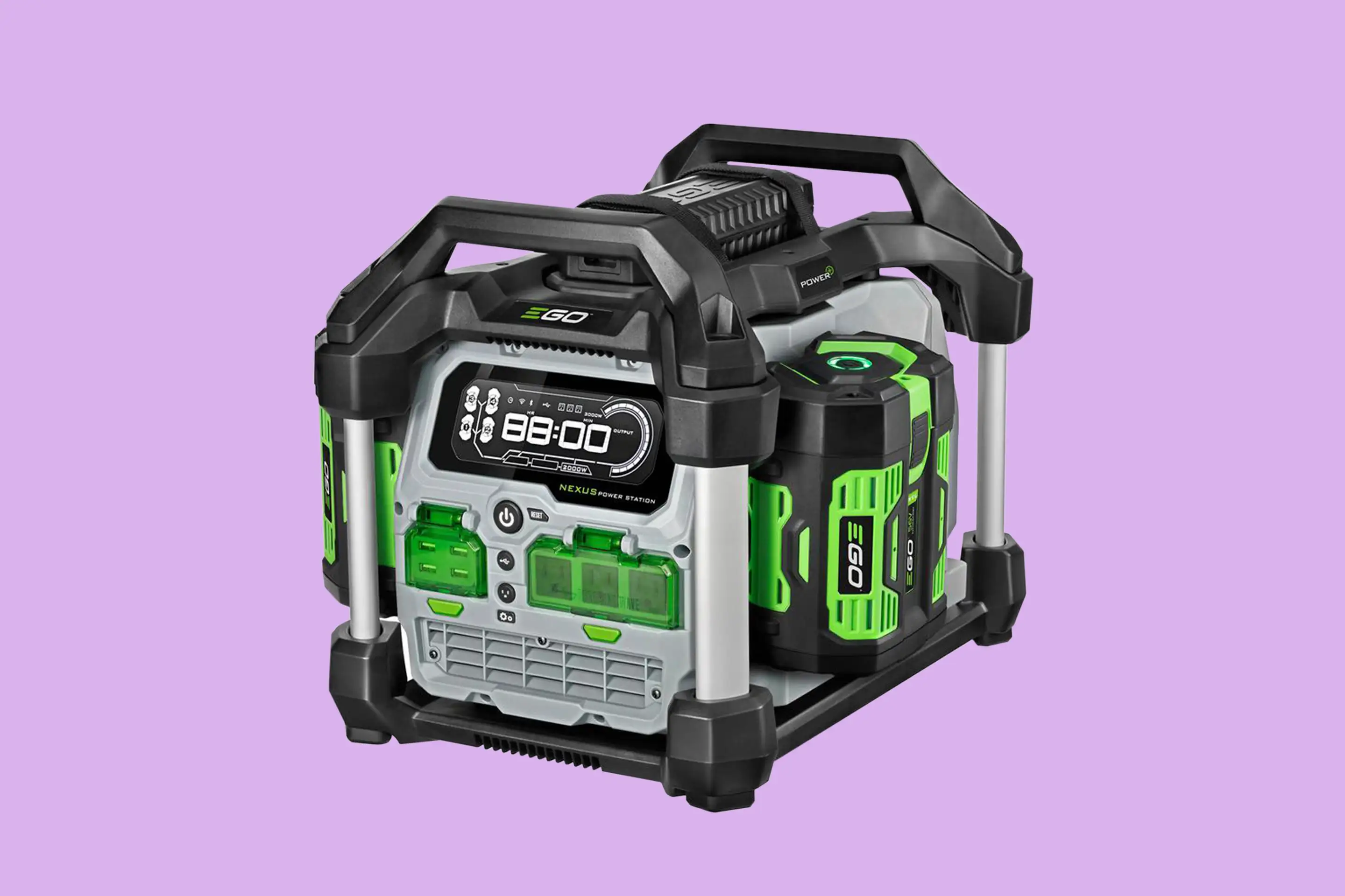 Green, black, and gray generator in front of a purple background