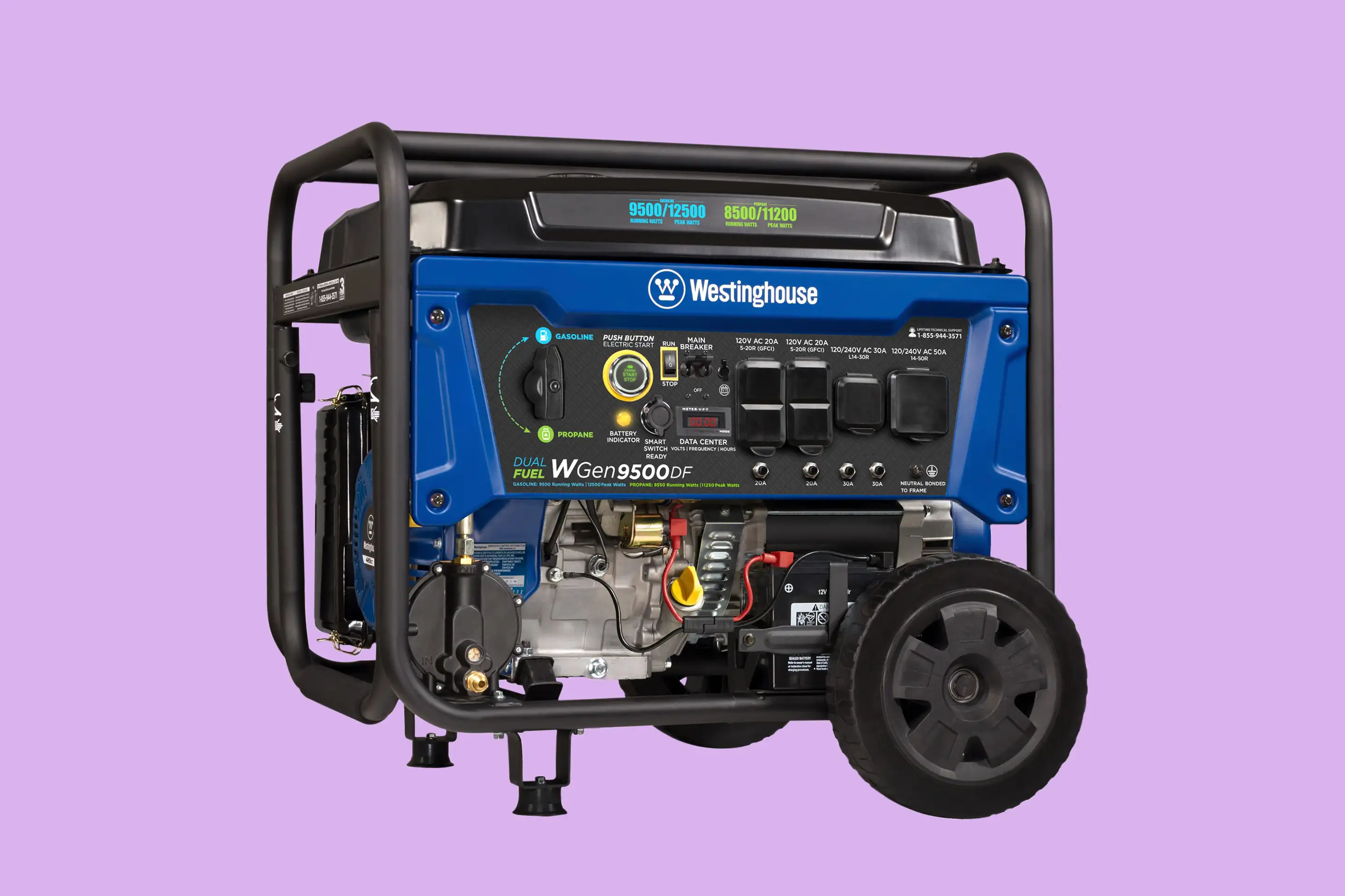 A blue and black Westinghouse power generator with a wheel in front of a purple background