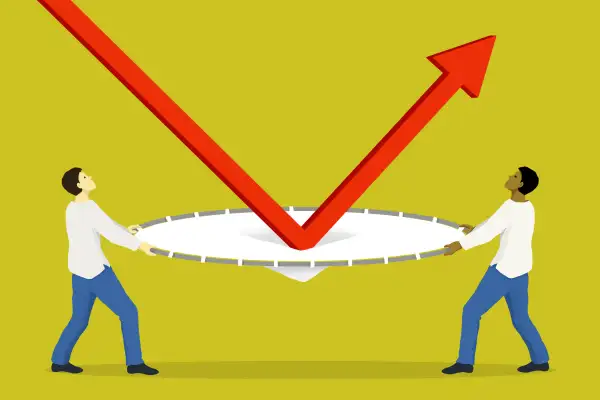 Emerging market bounce back up, two people holding a trampoline to catch a falling graph arrow and bouncing it back up