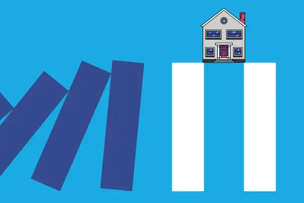 A house sitting on top of the white pause sign columns, while other purple columns are about to fall into the white column.