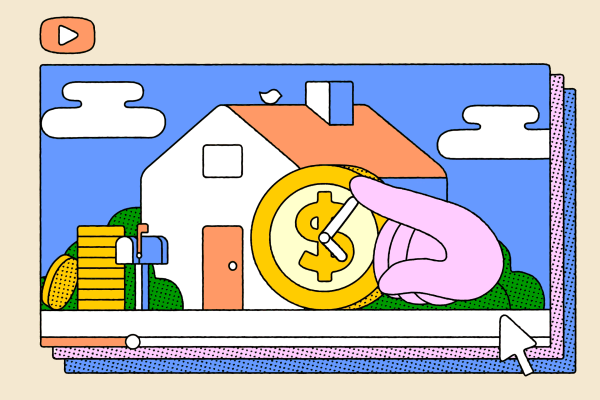 YouTube's Favorite Mortgage Strategy Has Millions of Fans. Illustration of window screens of a hand touching a coin on a house.