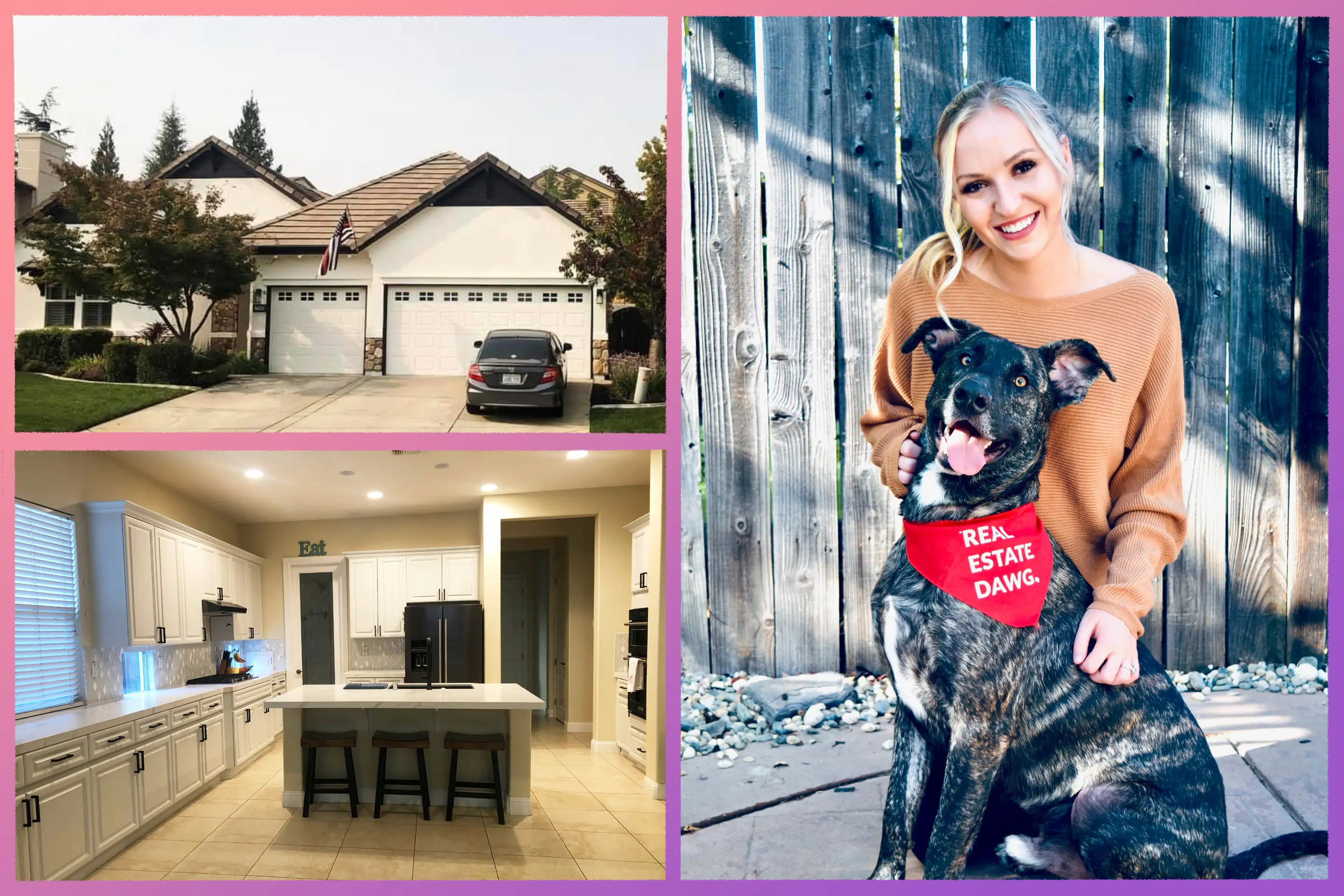 Photo of Julia Beals and her dog, interior and exterior of her home.