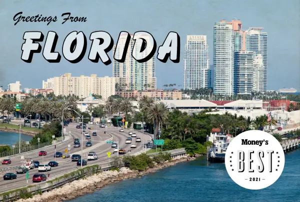 Postcard of Florida highway with the words  Greetings from Florida