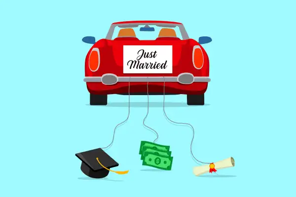 Just married drive-away car, but instead of cans, it's pulling a graduation cap, money bills, and degree.