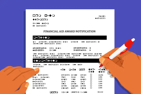 A hand trying to figure out the Financial Aid Award Notification letter that is all symbols, instead of recognizable words