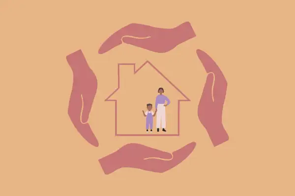 Mother and son inside an outilne of a house covered on every side by large hands