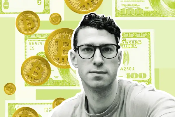Portrait of Joshua Seymor on colored background with hundred dollar bills and bitcoins