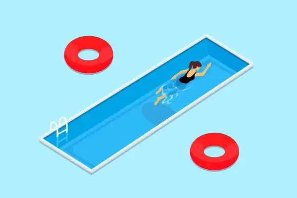 % sign is made of two circular flotation device, and a rectangular swimming pool in the middle.