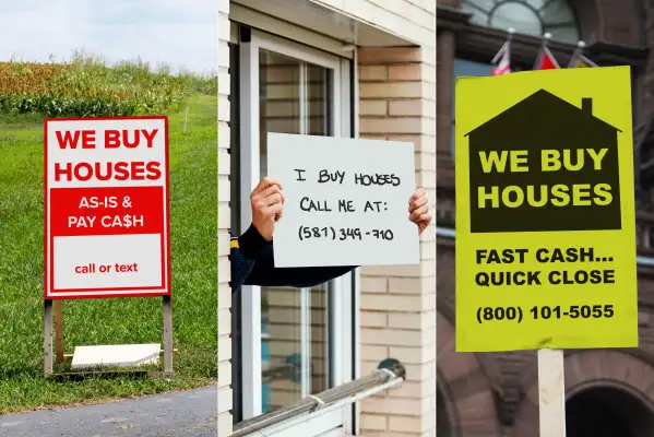 Triptych of images with we buy houses signs in different locations