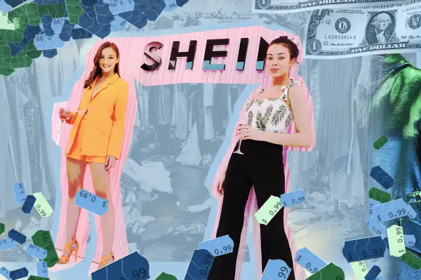 Two ladies standing in front of Shein sign, surrounded by cheap dollar store sticker and dollar bills.