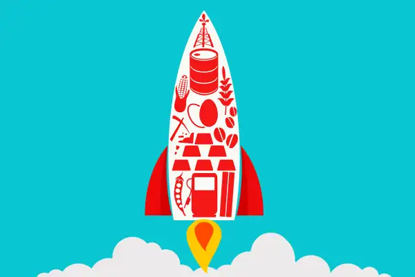 Rocket with commodities icons, such as copper, aluminum, and oil