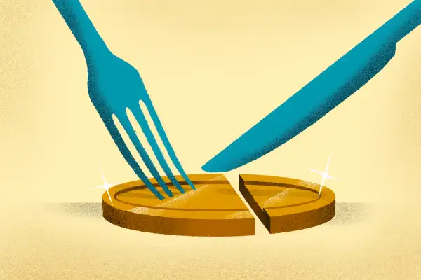 A fork and knife cutting a golden coin in pieces as an analogy for setting aside a piece of your income.
