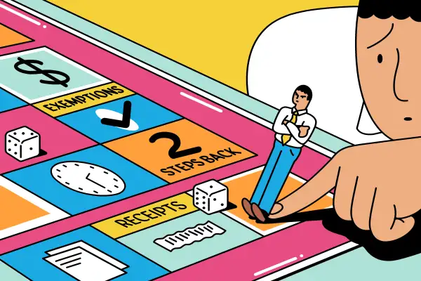 Accountant playing a  doing taxes  board game, his game piece is a small version of him with his heels dug in, not wanting to play.