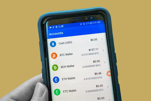 Close-up of hands of a man viewing balances of Bitcoin, Ether and other cryptocurrencies in a wallet app