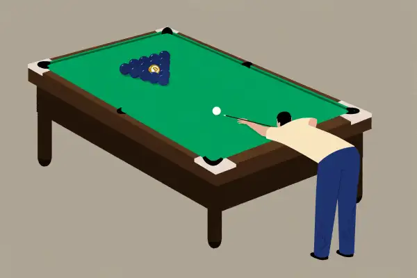 A person is playing pool with with one bitcoin ball in the mix.